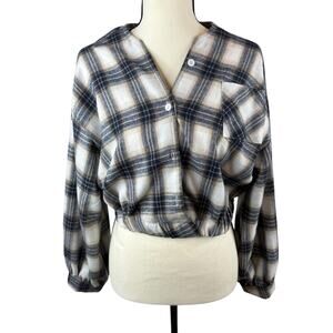 Women's Size M Plaid Button-Front Cropped Top- Cream & Black